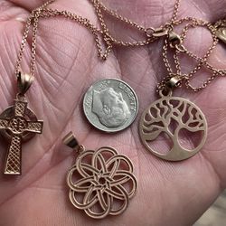 14K Solid Rose Gold CELTIC Symbol Pendant Necklaces 24” & 16” CELTIC KNOT, CROSS, & TREE OF LIFE