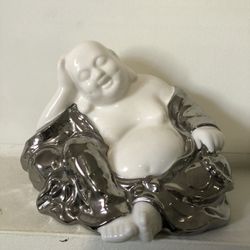 One Medium Ceramic  Sliver And White Lucky Buddha
