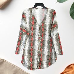 12 PM By Mon Ami White, Khaki, Orange Snake Print Long Shirt w Decorative Wooden Buttons Women Medium
