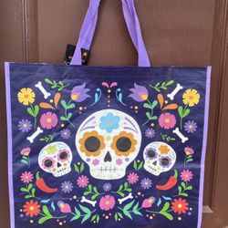 Dia De Los Muertos Sugar Skull XL Reusable Tote Bag.