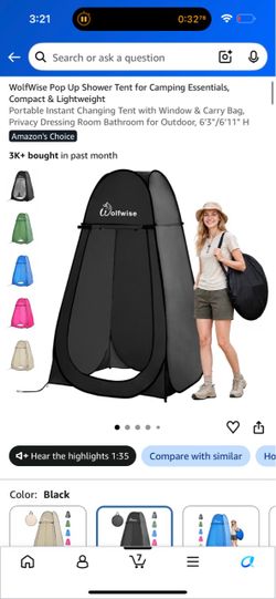 WolfWise Pop Up Privacy Shower Tent Black