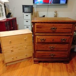 Two dressers onethre drawers other has four drawers.