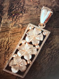 14k pink gold three plumeria vertical pendant