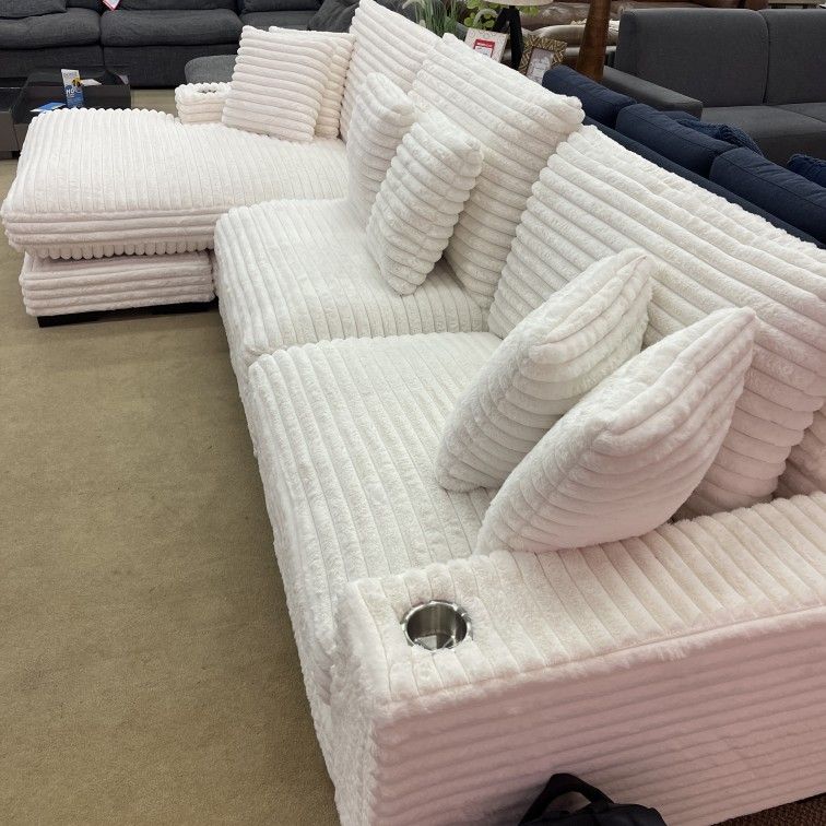 Lindyn II Ivory Jumbo Corduroy 3pc Reversible Sectional Sofa w/ Dual Cupholders & USB Ports