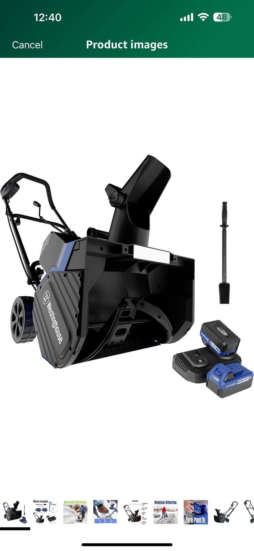 Westinghouse WSnow18 48V Cordless Snow Blower with LED Light, 18-inches Wide, 1200W Brushless Motor, 2 x 24V 4Ah Battery, 2.2 Amp Dual Port Fast Charg