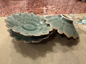 Handcrafted Celadon Lotus Ceramic Bowls (Set of 6)