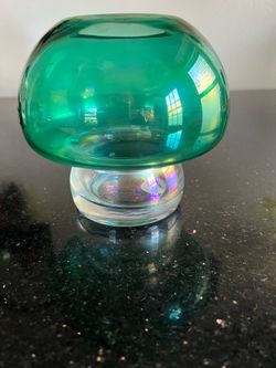 VTG Mushroom Teal Opalescent Vase/ Candle Decor see pic for size