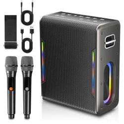 Karaoke Machine with Two Wireless Microphones, Powerful Portable Bluetooth Speaker for Adults & Kids, PA System with 2 Voice Mode, LED Lights, Support