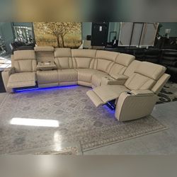 Leather Power recliner sectional sofa Beige color