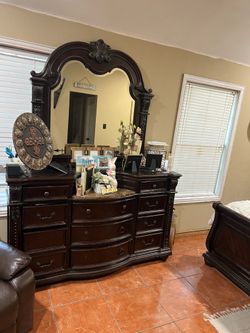 King size bed for sale with dresser mirror and night stand