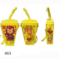 Iron Man Marvel Kids Yellow Plastic Portable Water Bottle Shoulder Strap 16 oz