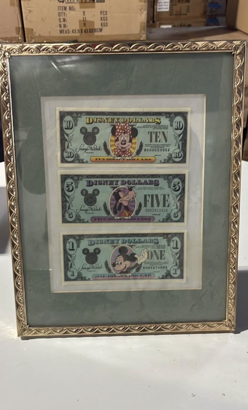 Vintage 1988,1990 Series Disney Dollars Framed 10, 5, and 1 Dollars