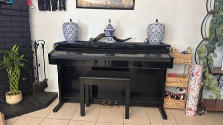 Black Upright Piano with Bench