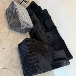 Brand New Corduroy Black Sectional With Free Ottoman 