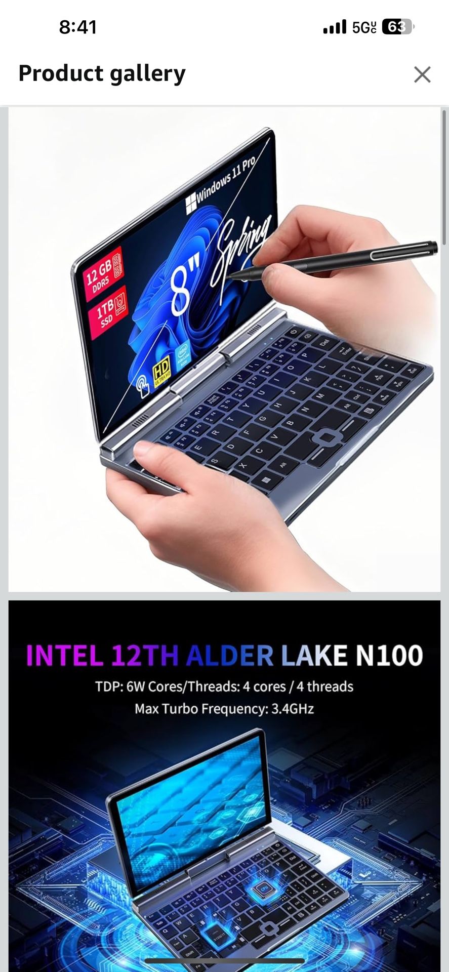 8 Inch 2-in-1 Mini Laptop,HD Rotatable Touch Screen Support Handwriting Windows 11 Pro Small Laptop,Intel N100,12GB RAM, 1TB SSD,Wi-Fi 6, BT 5.2,2 MP