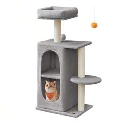 Feandrea Small Cat Tree Tower with 2 Caves for Multi-Cat Households, Kittens, Scratching Posts, Light Gray UPCT005G01