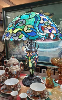 24 inch Double Lit Teal Tiffany Style Stained Glass Lamp- New- Located in Shelton