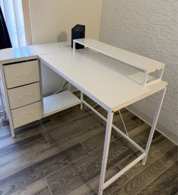 White L-Shaped Desk with Drawers and Monitor Shelf