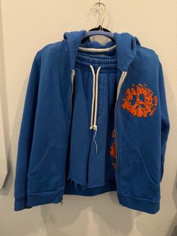 Denim Tears Blue/Orange Graphic Logo Full Zip Fleece Hoodie set S