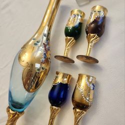 MURANO HAND PAINTED GLASS DECANTER + 4 CUPS