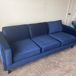 High Quality Mid Century Modern 7’ Velvet Couch, Blue