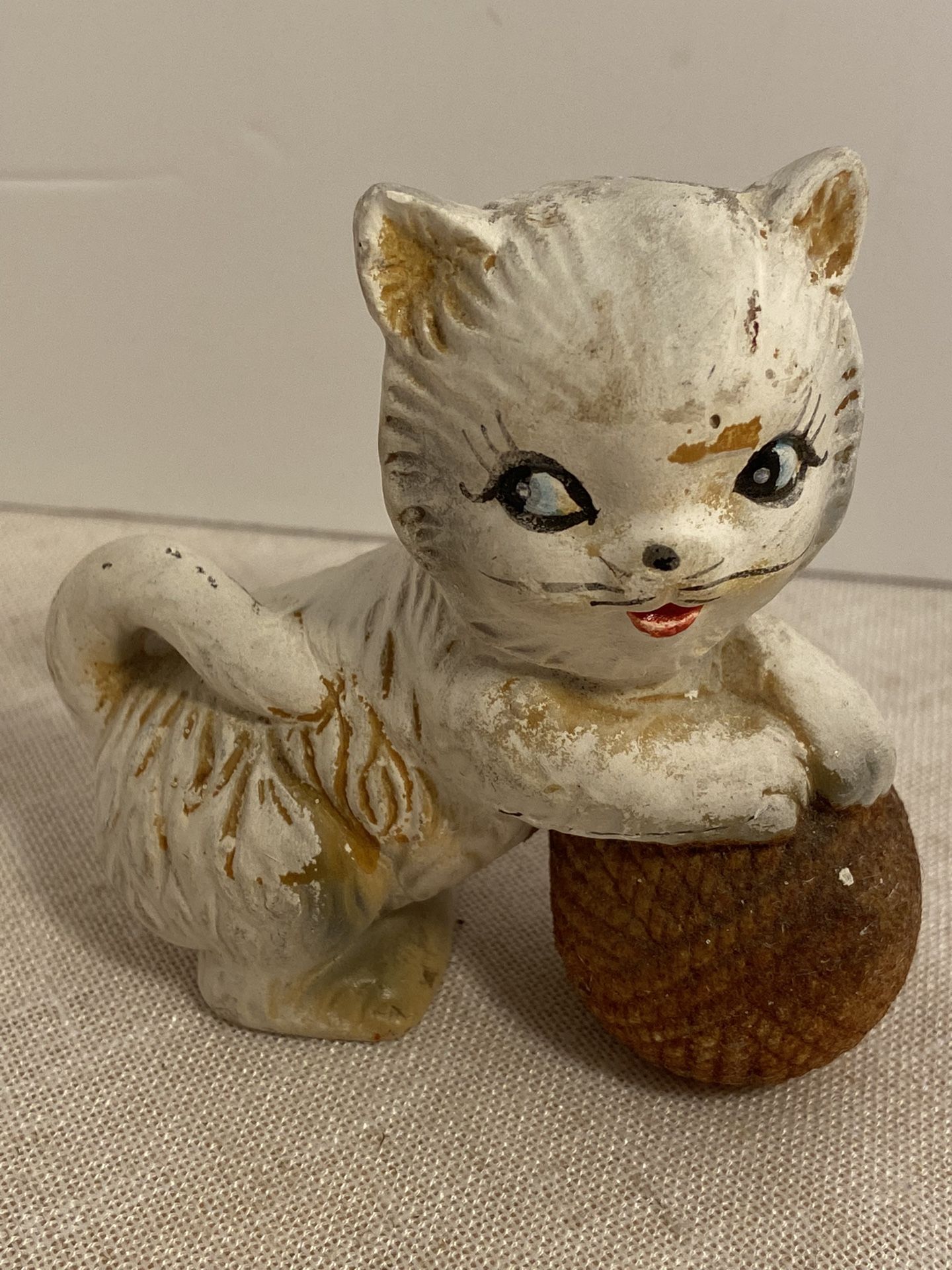 Vintage 1950s Cat Chadwick white porcelain kitten figurine playing with ball MCM