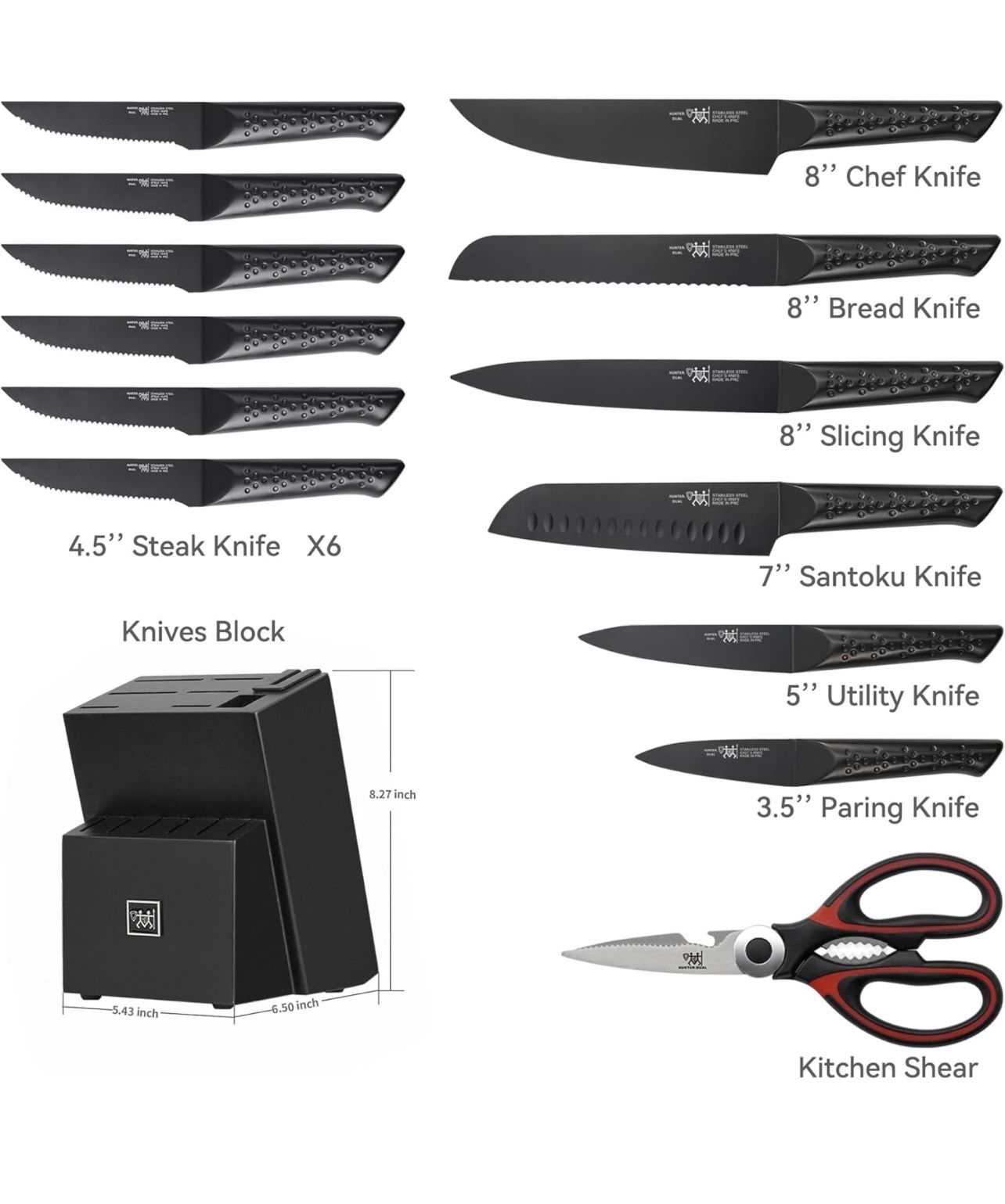 Knife Sets for Kitchen with Block, HUNTER.DUAL 15 Piece Knife Set with  Built-in Sharpener, Dishwasher Safe, German Stainless Steel, Elegant Black  - Yahoo Shopping