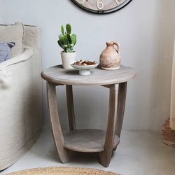Rustic Farmhouse end table with Storage Shelf, french country accent side table for Family, Dinning or Living Room, Small Spaces, Modern, Round, Vinta