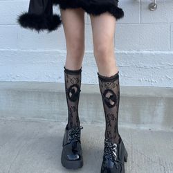 Vintage lace calf high ruffled tights with hallow out black bow