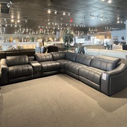 Dark Grey Leather 6PC Power Sectional Reclining 