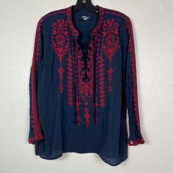 Johnny Was Cotton Navy Red Embroidered Tunic Lace Up Medium Boho Chic 