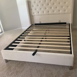 White Leather Queen Size Platform Bed Frame 