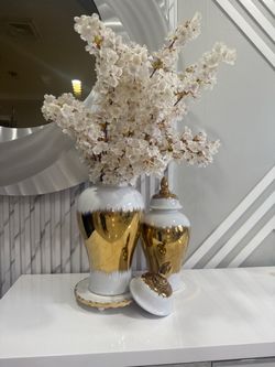 Elegant White & Gold Decorative Vases with Cherry Blossom Flowers