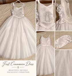 Girls First Communion Dress White Glitter