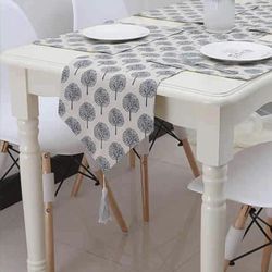 Dining Table Runner, Cotton Linen Tree Pattern with Tassel Table Runner for End Table Coffee Table Grey, 12.6 x 86.61 Inches