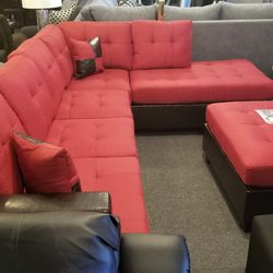 Brand New 112" x 85" Red Linen Reversible Sectional + Ottoman