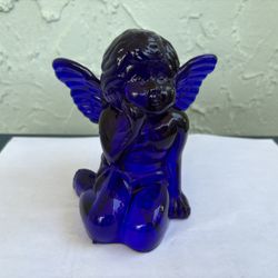 Vintage Cobalt Blue Glass Kneeling Angel/Cherub Candleholder 