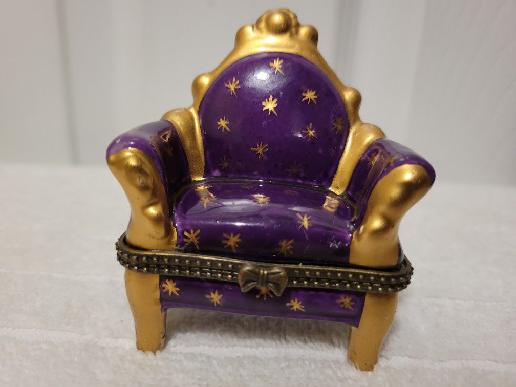 Vintage Ceramic Hinged Chair Purple & Gold Trinket Box