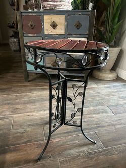 Round Iron and Wood Slat Accent Table
