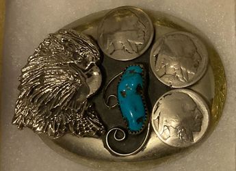 Vintage Metal Belt Buckle, Nice Eagle and Buffalo Nickle with Blue Turquoise Stone Design, Nice Western Design, Rodeo Entertainer, Bullfighter, Trick 