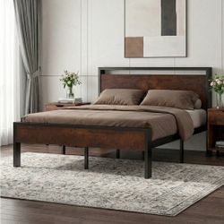 Full Metal Platform Bed Frame with Wooden Headboard & Footboard, Quiet No-Slip Design, No Box Spring Needed