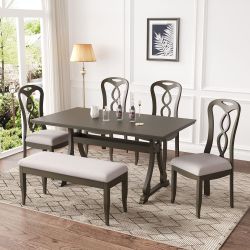 6-Piece Trestle Dining Table Set with Upholstered Dining Chairs and Dining Bench, Smooth Dining Backs for Dining Room, Living Room, Kitch