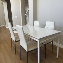 White Dining Set – 4 PU Leather Chairs + Table with Temperd Glass Top