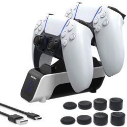 New! Newest PS5 Controller Charger, Fast Dual Charging Station for PS5 Controller with 8 Analog Sticks Covers, Safe and Fast Charging