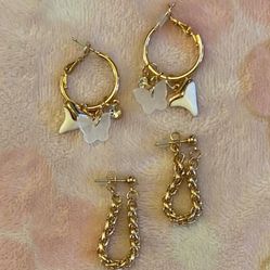 vintage Gold and White Hoops & stacked gold chain earrings (unused)