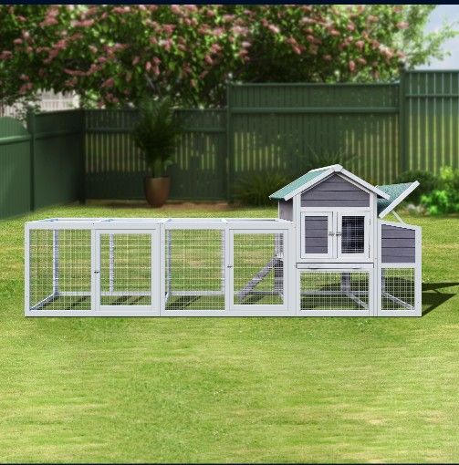 Gray Wooden Chicken Coop Outdoor Hen House with Run, Waterproof Roof & Nesting Box, Rabbit Duck Poultry Cage with Perch, Sliding Tray, and Secure Lock