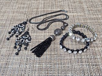 Black Faceted Onyx Tassel Marcasite Necklace + earrings + stretch Bracelet Estate Jewelry Set