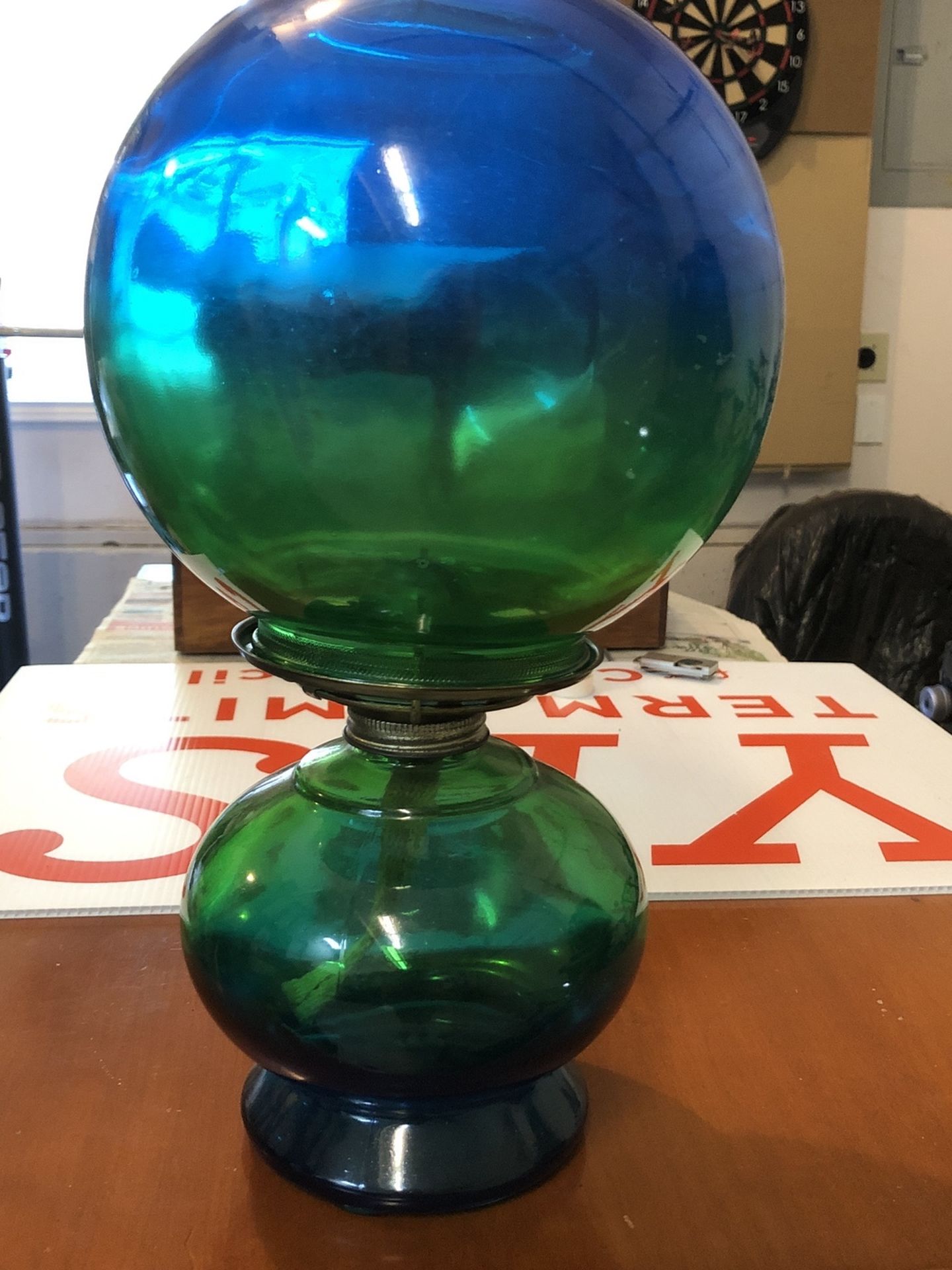 Vintage Aqua Glass Pedestal Hurricane Oil Lamp