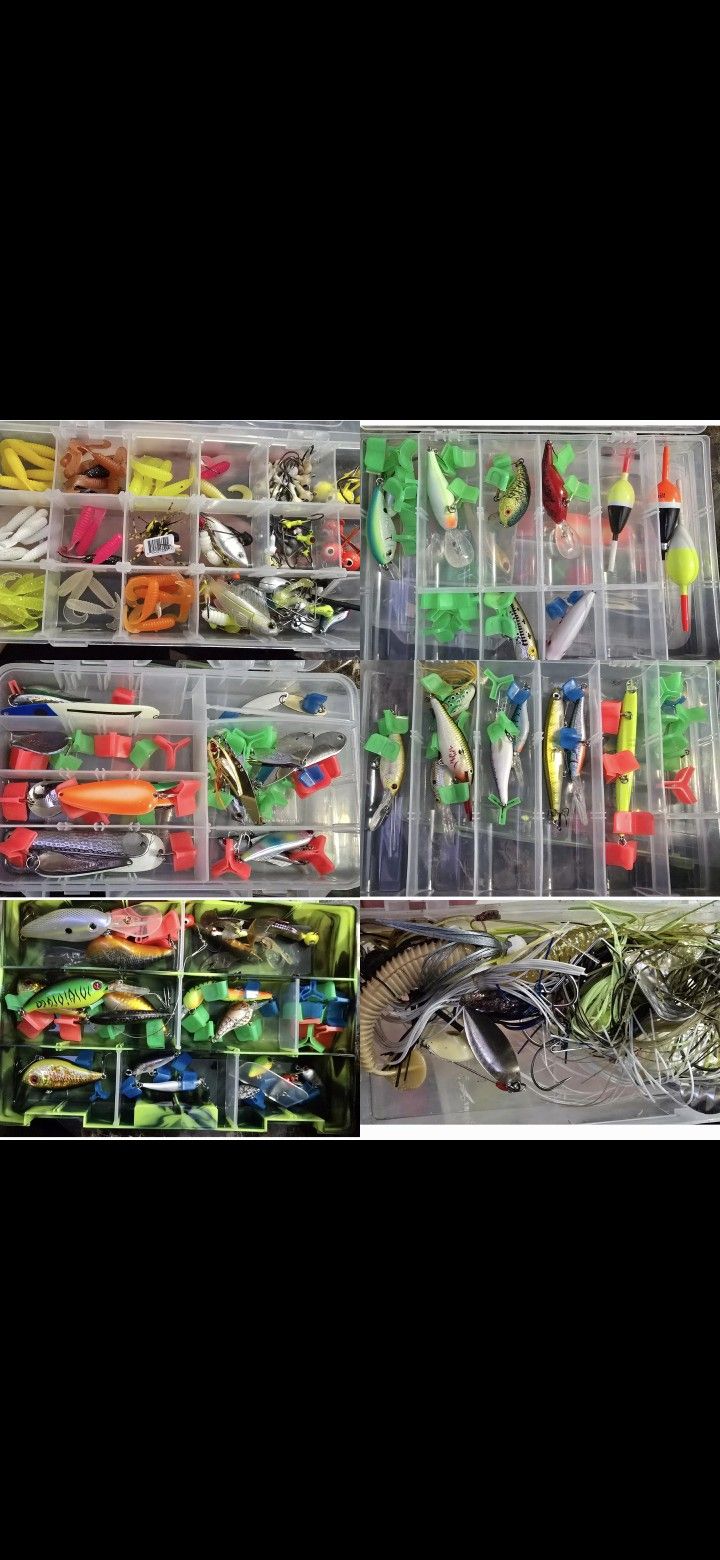 Fishing bait and lures as well as lines and weights, over 600 pieces. Comes with tackle boxes storage