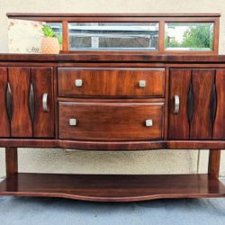 Dark Cherry Mahogany Brown Buffet Sideboard Console Entryway Table with Mirror Top Drawers Cabinets Shelves
